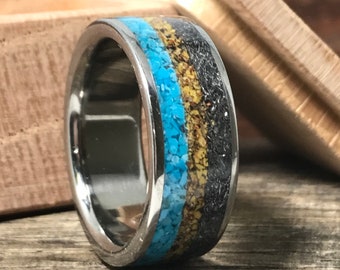 Turquoise Ring with Dinosaur Bone and Meteorite - Men's Unique Wedding Band