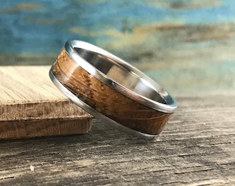 Whiskey Barrel Ring with Titanium Band - Custom Made, Engraved Wedding Band