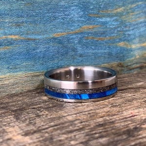 Mens Meteorite Ring - Titanium Wedding Band with Dyed Blue Wood Inlay - Engraved image 4