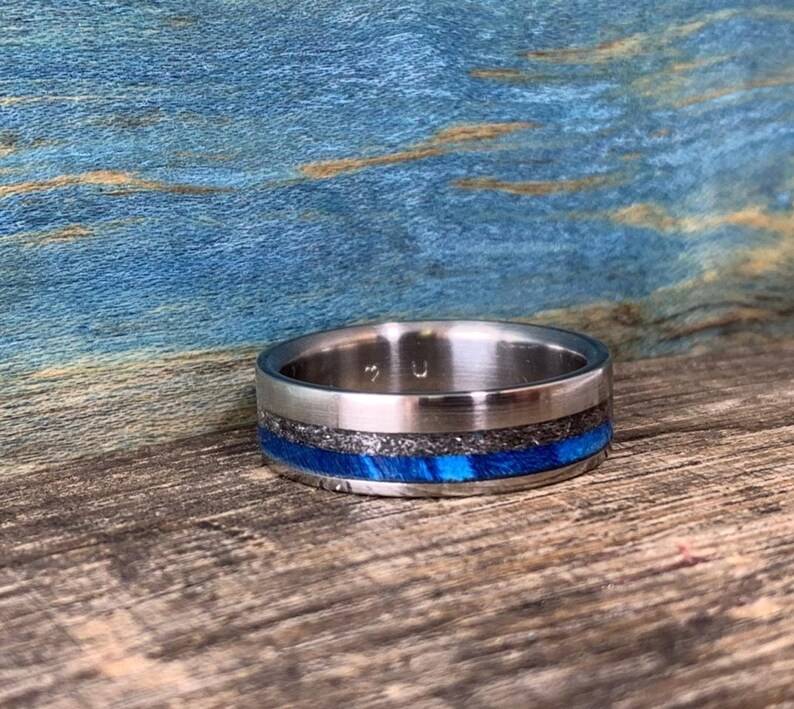 Mens Meteorite Ring - Titanium Wedding Band with Dyed Blue Wood Inlay - Engraved image 4