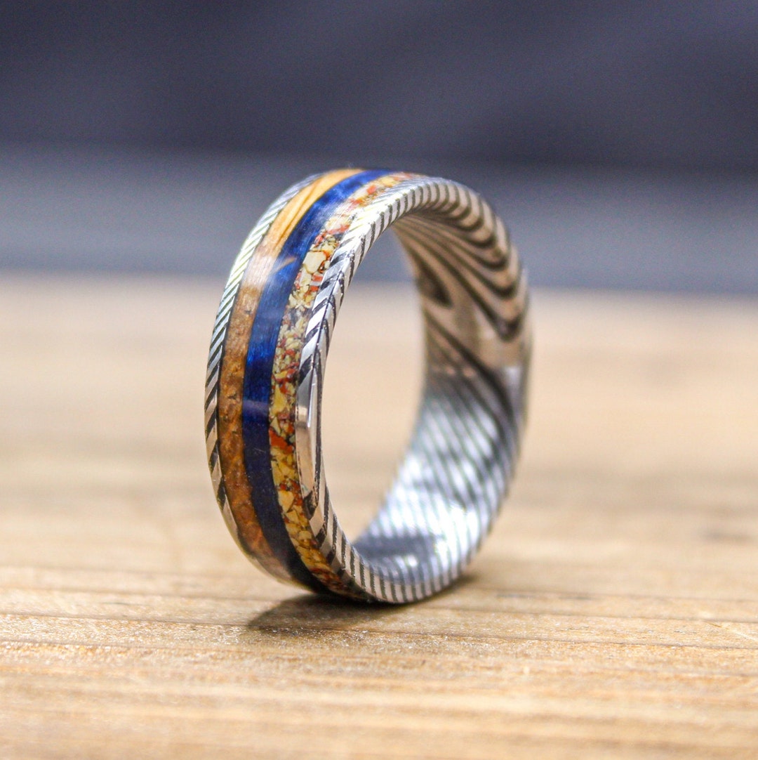 Damascus Steel Ring Men's Dinosaur Bone Ring Unique Wedding Ring With