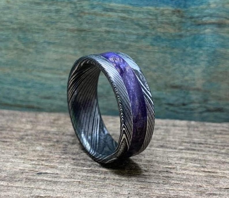 Purple Wedding Band, Stainless Steel Damascus Ring with Box Elder Inlay image 2