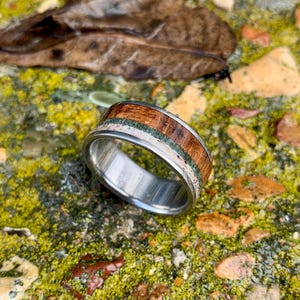 English Oak Mens Wedding Band - Titanium with Moss Agate and Antler