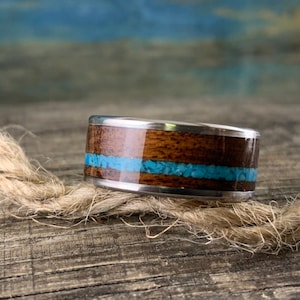 Titanium Ring for Men - Custom Wedding Ring -Turquoise Ring for Men - Wood Wedding Band