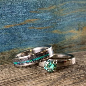 Meteorite Ring, Titanium Wedding Set with Blue-Green Opal and Moissanite