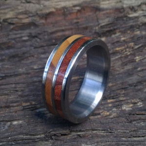 Men&#39;s Titanium and Wood Wedding Band - Titanium Ring with Cedar of Lebanon and Redwood Burl