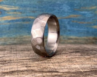 Men's Titanium Ring - Distressed Modern Wedding Band with Custom Engraving
