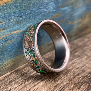 Men&#39;s Titanium Ring - Unique Ring for Men with Meteorite, Dinosaur Bone, Malachite and Opal