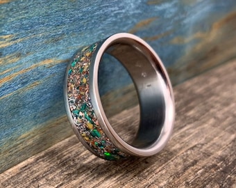 Men's Titanium Ring - Unique Ring for Men with Meteorite, Dinosaur Bone, Malachite and Opal