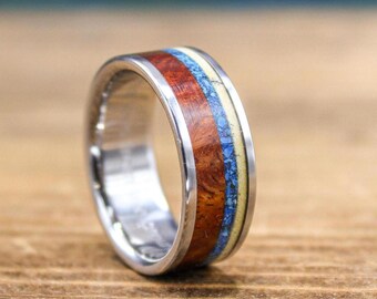 Mens Wedding Band - Titanium Ring with Amboyna Burl, Turquoise, and Antler Inlay