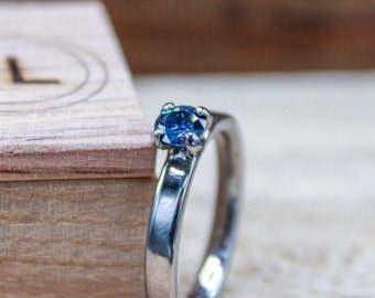 Moissanite Engagement Ring for Her- Blue Moissanite Solitaire - Dainty Titanium Ring - Custom Made to Order