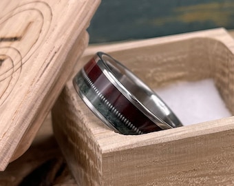 Men's Wedding Band - Titanium Ring with Redwood, Moss Agate and Guitar String Inlays