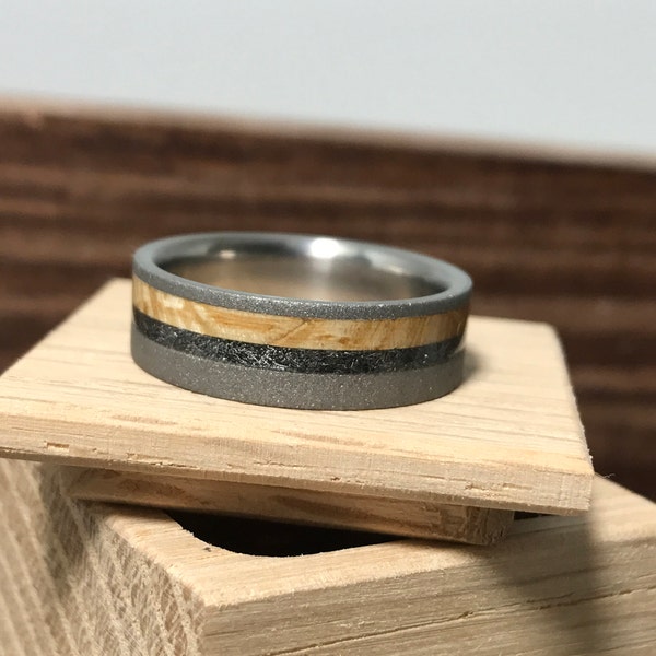 Men's Titanium Ring with Meteorite and White Oak Inlays - Sandblasted Titanium Wedding Band