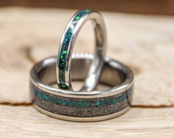 His and Hers Rings - Wedding Bands Set with Opal and Meteorite - Titanium Wedding Rings His and Hers