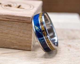 Men's Wedding Band - Titanium Ring with Dinosaur Bone and Blue Wood