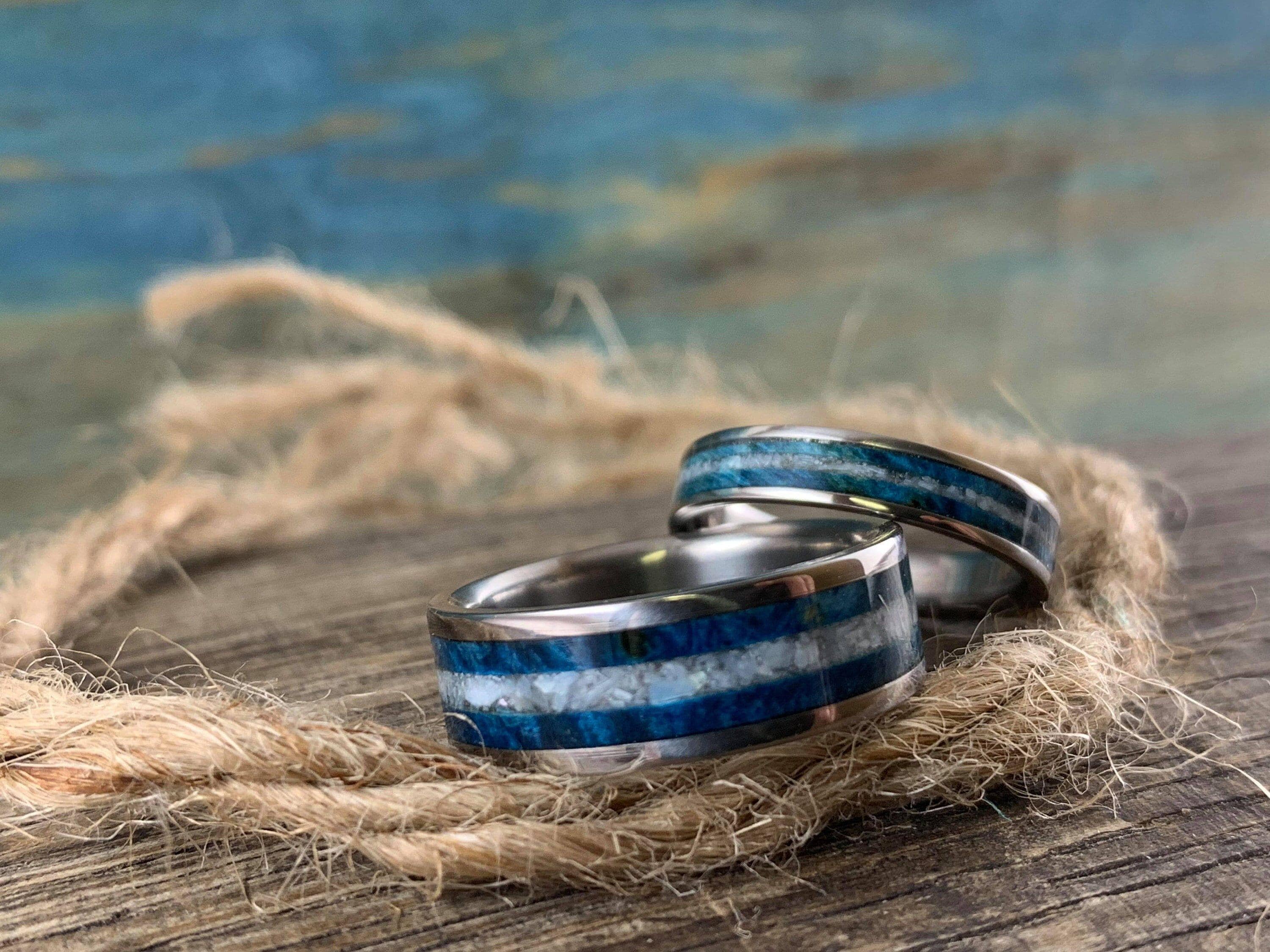 Titanium Wedding Band Set - His and Hers Rings With Blue Box Elder