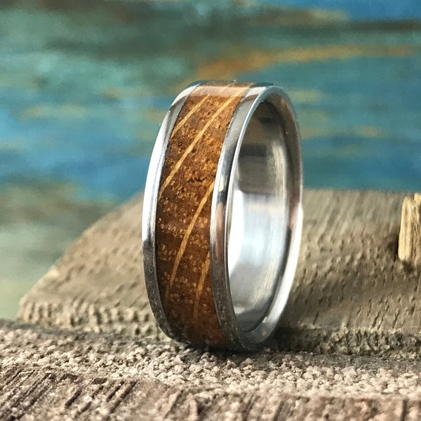 Unique Whiskey Barrel Ring For Him - Custom Made Titanium and Wood Ring - Mens Wedding Band