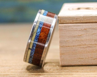 Amboyna Burl Ring - Mens Titanium Wedding Band with Turquoise and Deer Antler Inlay