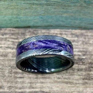 Purple Wedding Band, Stainless Steel Damascus Ring with Box Elder Inlay image 1