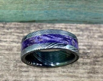 Purple Wedding Band, Stainless Steel Damascus Ring with Box Elder Inlay