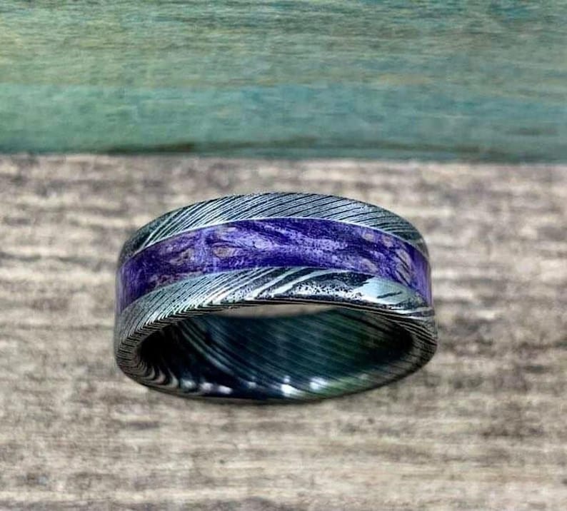 Purple Wedding Band, Stainless Steel Damascus Ring with Box Elder Inlay image 1