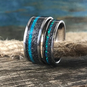 Meteorite Rings Set - His and Hers Wedding Bands Set - Opal Engagement Rings
