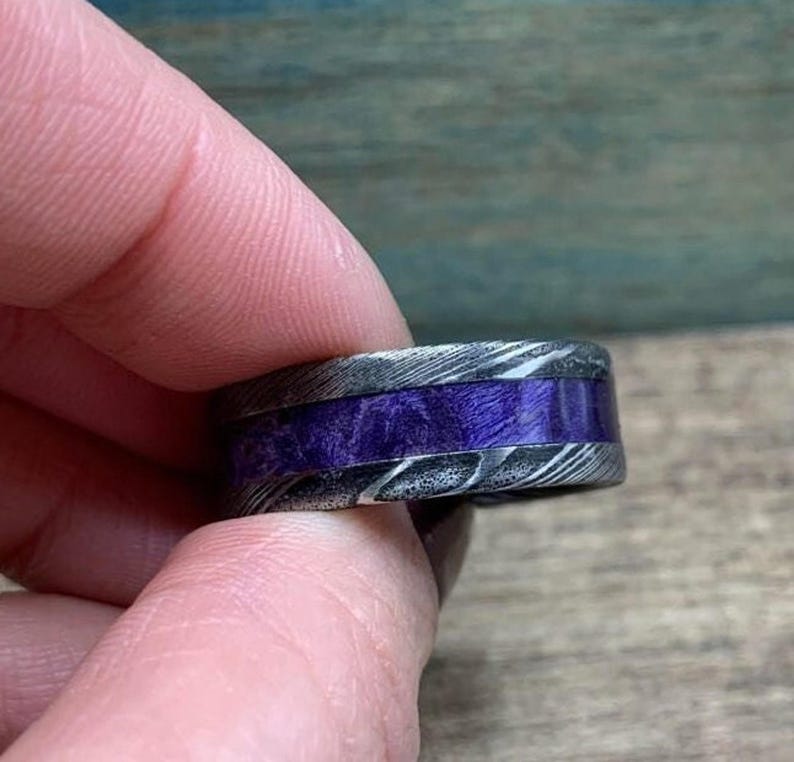 Purple Wedding Band, Stainless Steel Damascus Ring with Box Elder Inlay image 5