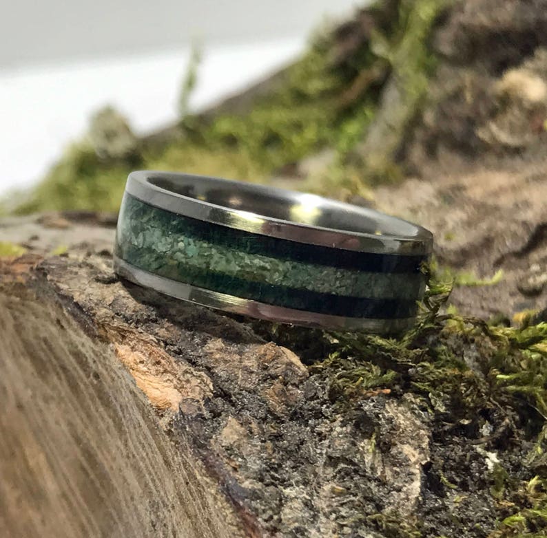 Mens Wooden Wedding Band 5th Anniversary, Mens Titanium Ring Custom Engraving Green Box Elder Wood Inlay Wedding Band For Men