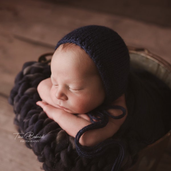 Navy Blue Classic Bonnet, Newborn Baby Hat, hand knit dark blue photography prop baby boy cap