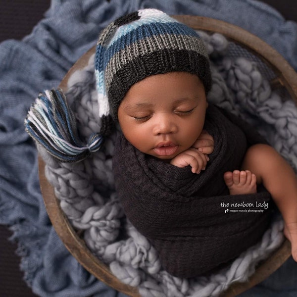 Striped Newborn Tassel Hat, Sleepy Stocking Cap, long tail charcoal gray denim light blue white newborn baby boy photography prop