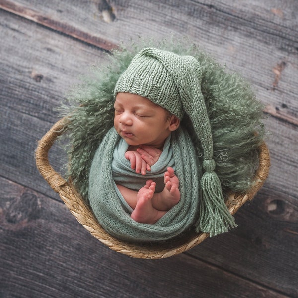 Eucalyptus Green Newborn Tassel Hat, Sleepy Baby Stocking Cap, long tail elf soft sage green newborn baby boy photography prop