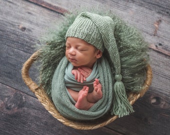Eucalyptus Green Newborn Tassel Hat, Sleepy Baby Stocking Cap, long tail elf soft sage green newborn baby boy photography prop