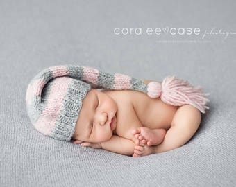 Striped Newborn Tassel Hat, Sleepy Baby Stocking Cap, long tail elf pastel blush pink gray grey newborn baby girl photography prop