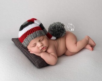 Striped Newborn Pom Pom Hat, Sleepy Baby Stocking Cap, long tail gray red charcoal white newborn baby photography prop