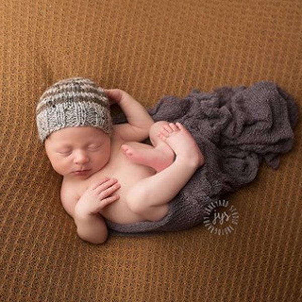 Perfect Fit Newborn Beanie, Striped Tweed Baby Hat, gray brown speckled tweed stripes, neutral hand knit newborn photography prop