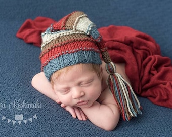 Newborn Bumpy Tassel Hat, Striped Sleepy Baby Elf Stocking Cap, long tail blue red brown taupe baby boy photography prop