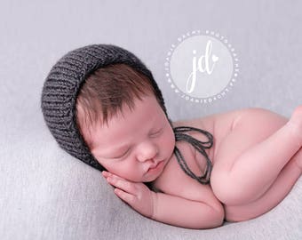 Charcoal Classic Bonnet, Newborn Baby Hat, hand knit dark grey gray gender neutral photography prop baby cap