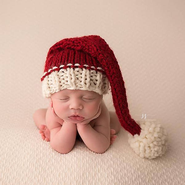 Bonnet de Noel pour bébé - Prêt à expédier - Bonnet de Noël rouge blanc pour nouveau-né