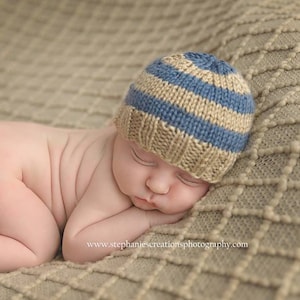 Perfect Fit Newborn Beanie, Striped Baby Hat, tan neutral beige blue stripes, hand knit newborn photography prop