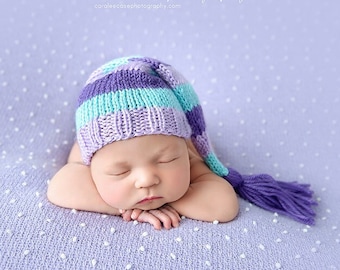 Striped Newborn Tassel Hat, Sleepy Baby Stocking Cap, long tail lilac mint grape purple bright newborn baby girl photography prop