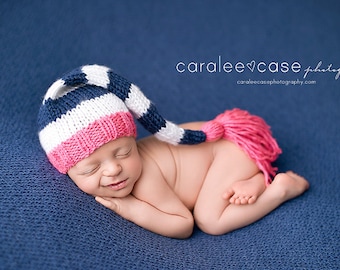 Striped Newborn Tassel Hat, Sleepy Baby Stocking Cap, long tail elf pink white navy nautical bright newborn baby girl photography prop