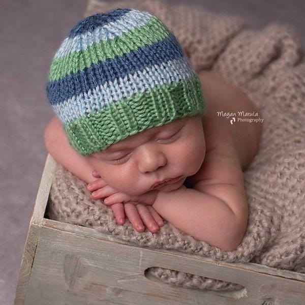 Perfect Fit Newborn Beanie, Striped Baby Hat, sage green denim blue baby light blue stripes, hand knit newborn photography prop