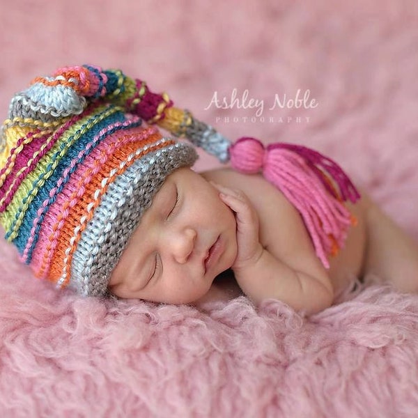 Newborn Bumpy Tassel Hat, Striped Sleepy Baby Elf Stocking Cap, long tail pink, blue, orange, yellow, newborn baby girl hat