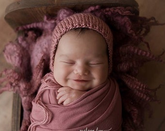 Rose Classic Bonnet, Newborn Baby Hat, hand knit pink blush baby girl photography prop cap