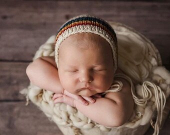 Rainbow Cream Bonnet -  newborn photography prop neutral baby hat