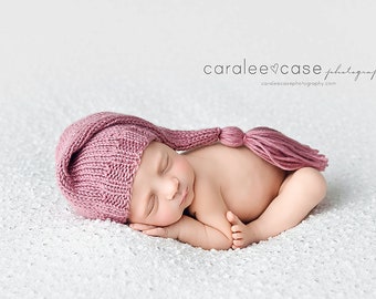 Rose Newborn Tassel Hat, Sleepy Baby Stocking Cap, long tail elf pink newborn baby photography prop