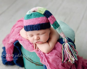 Bloom - Newborn Striped Tassel Cap navy pink aqua green colorful bright baby girl stocking hat