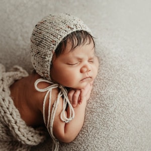 Cream Tweed Classic Bonnet, Newborn Baby Hat, hand knit oatmeal beige neutral photography prop baby cap