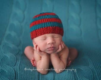 Perfect Fit Newborn Beanie, Striped Baby Hat, red teal stripes, hand knit newborn photography prop