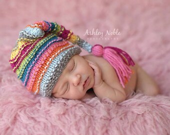 Newborn Bumpy Tassel Hat, Striped Sleepy Baby Elf Stocking Cap, long tail pink, blue, orange, yellow, newborn baby girl hat